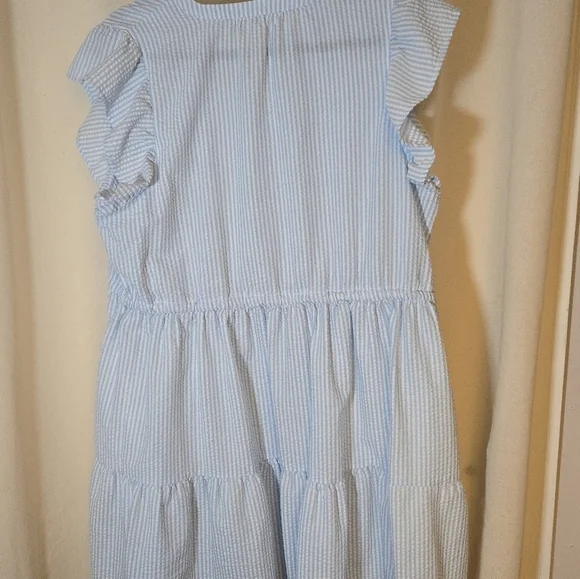 Blue Striped Ruffle Dress W Drawstring & Pockets! Crisp, Cool, Country, Feminine - Picture 2 of 4